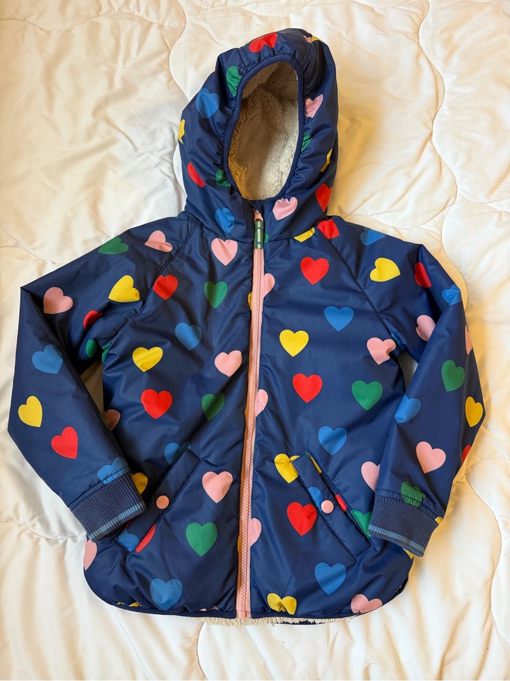 Mini Boden Kids Navy Heart-Print Hooded Sherpa Lined Jacket